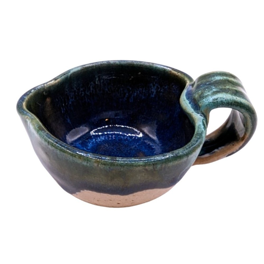 Small Heart Shaped Pottery Bowl w handle Signed D  McBride w/ Dragonfly Imprint